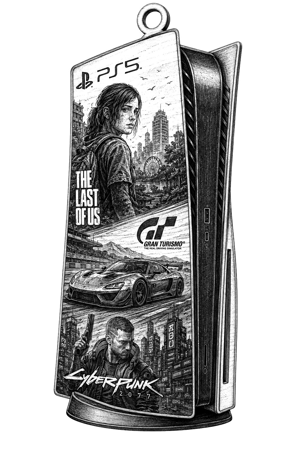 [Laser cut and engrave] PlayStation 5 Console Shaped Pendant Featuring The Last of Us and Cyberpunk Art