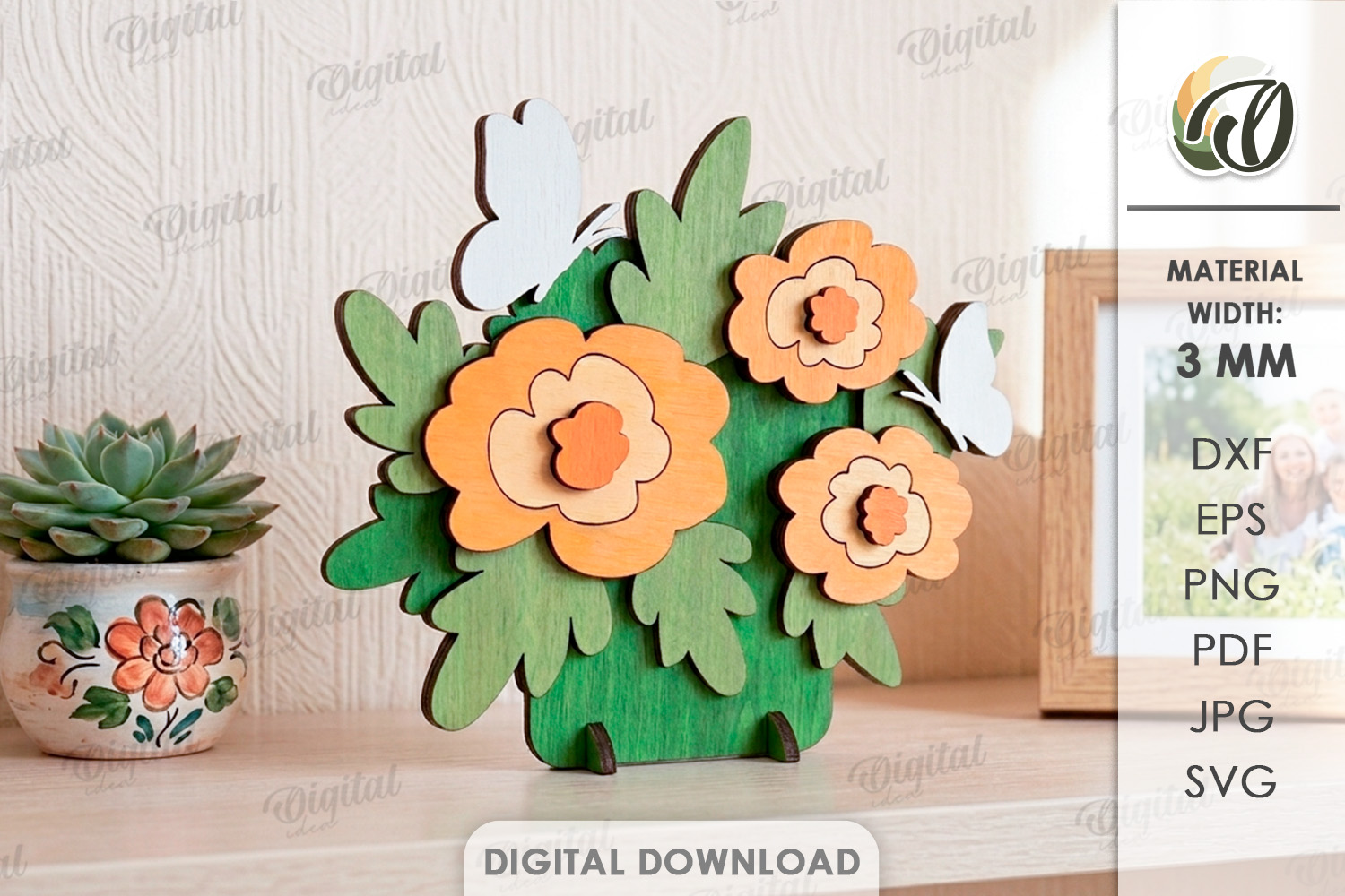 [Laser cut and engrave] 3D Flower Stands Bundle. Plant Home Decor Laser Cut Files. Floral Shelf Sitter SVG. Summer. Mother's Day Gift. Spring Standing decor