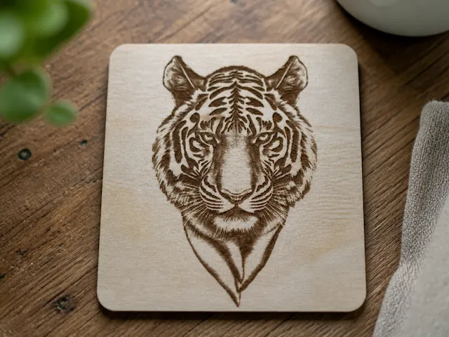 Square Wooden Coaster Featuring a Detailed Tiger Portrait