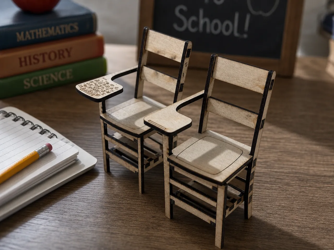 [Laser cut and engrave] Miniature wooden school college desk chairs with attached writing tablets