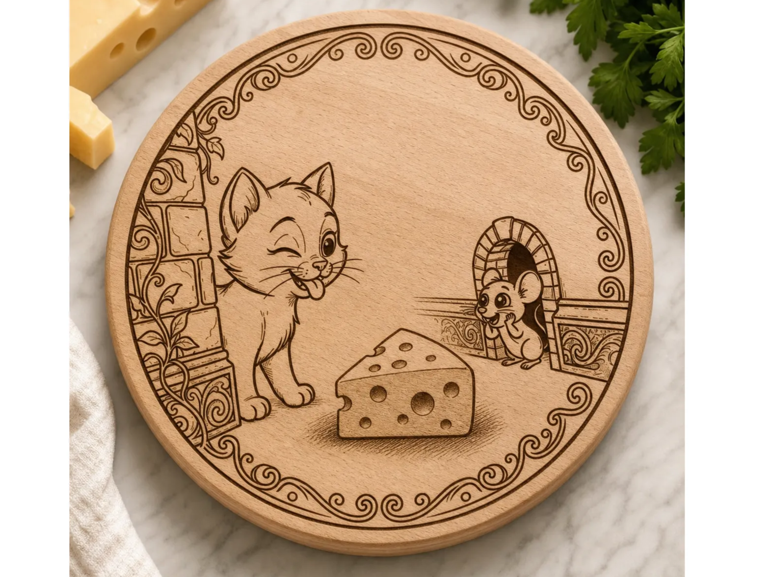 Round wooden serving board with cat and mouse illustration - Cutter Board or Coaster Design