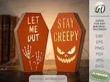 [Laser cut and engrave] Coffin Shaped Halloween Tabletop Signs with Skeleton Hands and Spooky Face