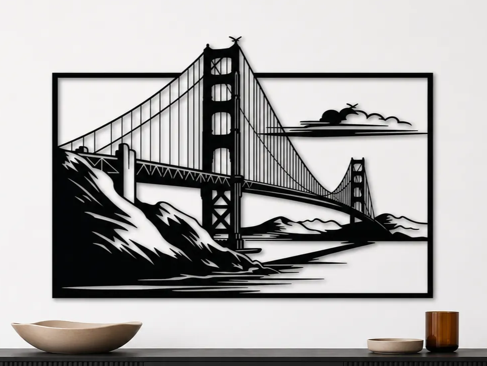 Golden Gate Bridge Wall Art SVG | San Francisco Skyline Decor | California Landmark SVG | Laser Cut Wall Art | Digital Download