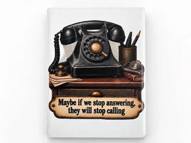Vintage Telephone refrigerator magnet with 'Maybe If We Stop Answering They Will Stop Calling'
