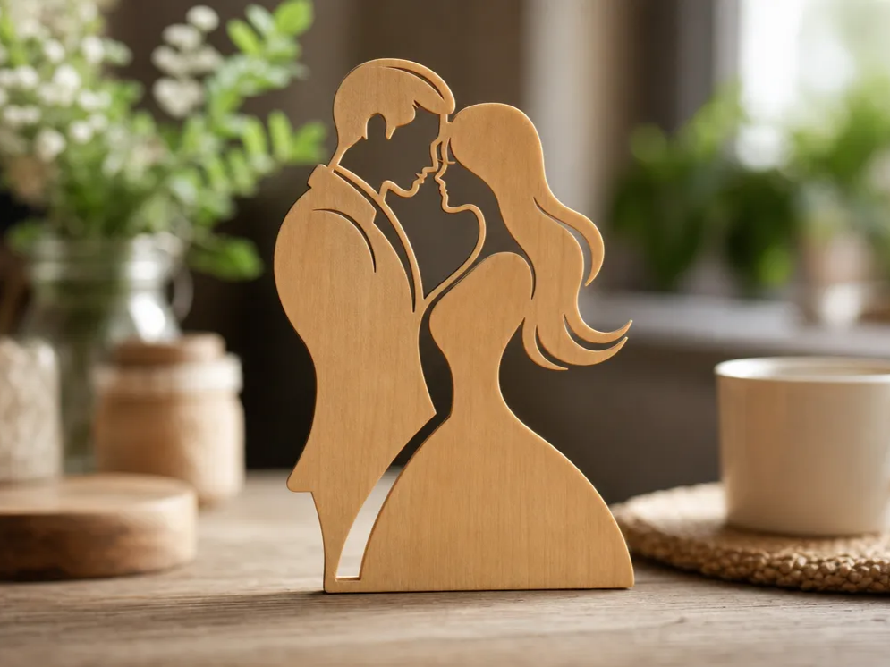Wooden Silhouette of a Romantic Couple Standing Face to Face