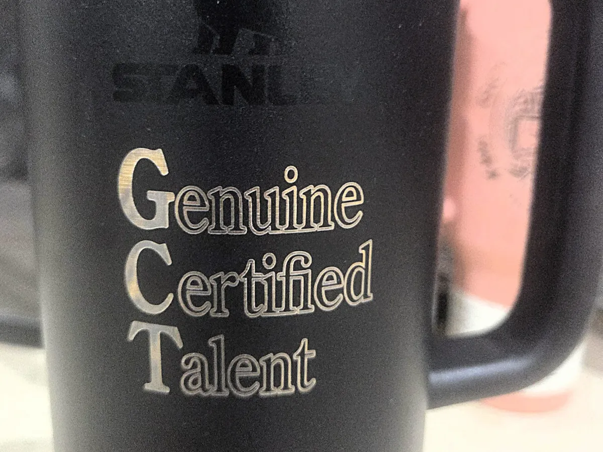 [Laser cut and engrave] Black Stanley Tumbler with Genuine Certified Talent Text