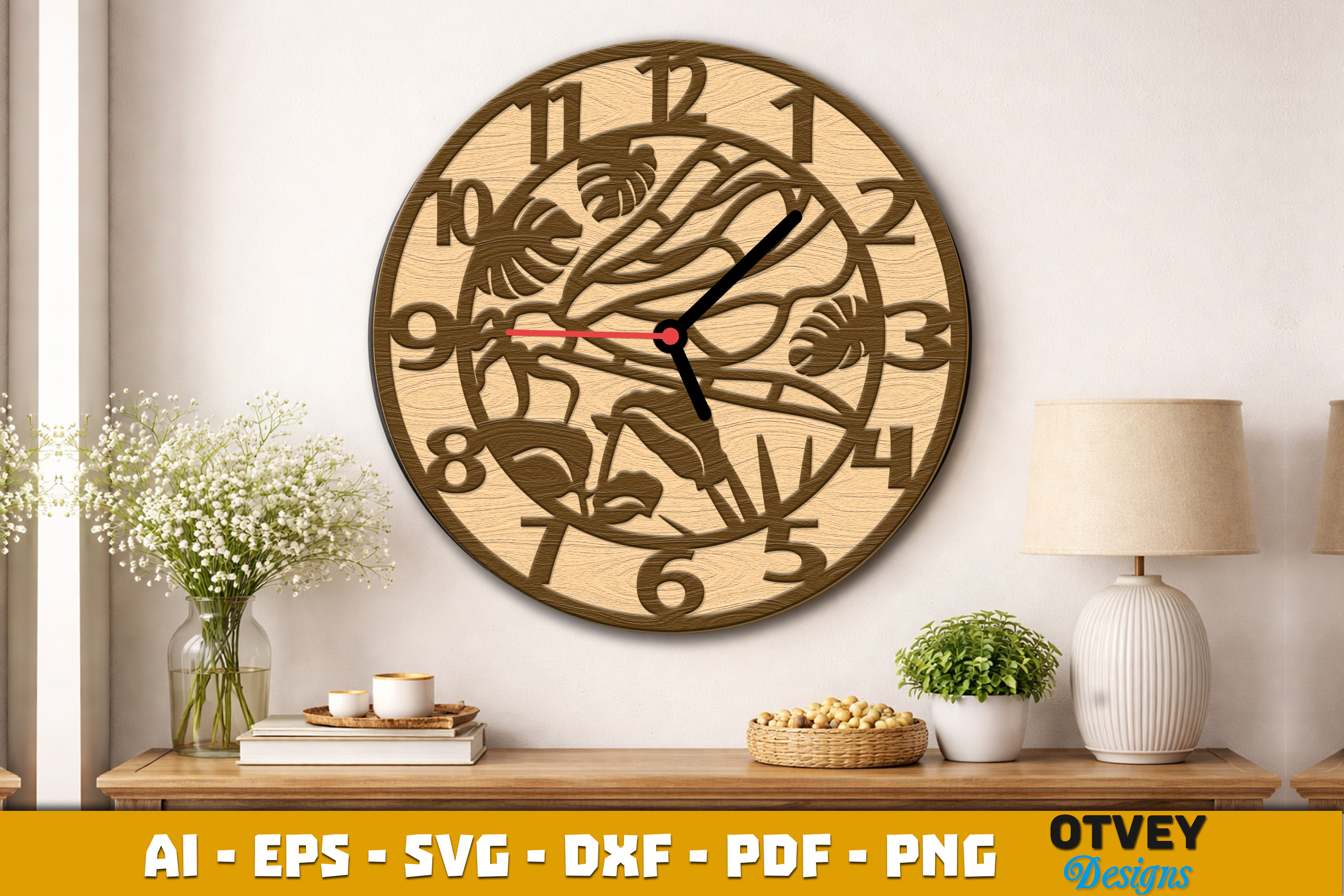 [Laser cut and engrave] Dragonfly Themed Round Wall Clock with Tropical Leaf Patterns