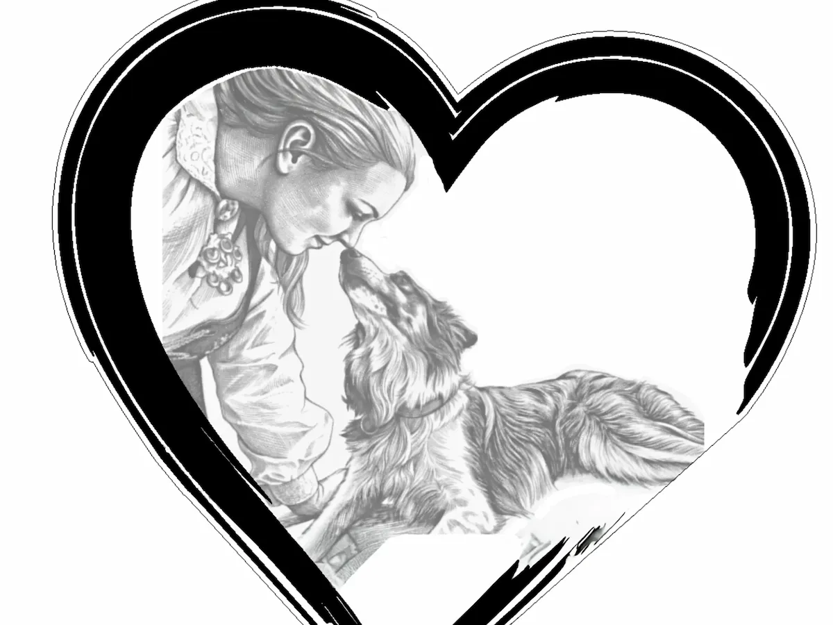 [Laser cut and engrave] Pencil Sketch of a Woman and Her Dog Inside a Heart Frame