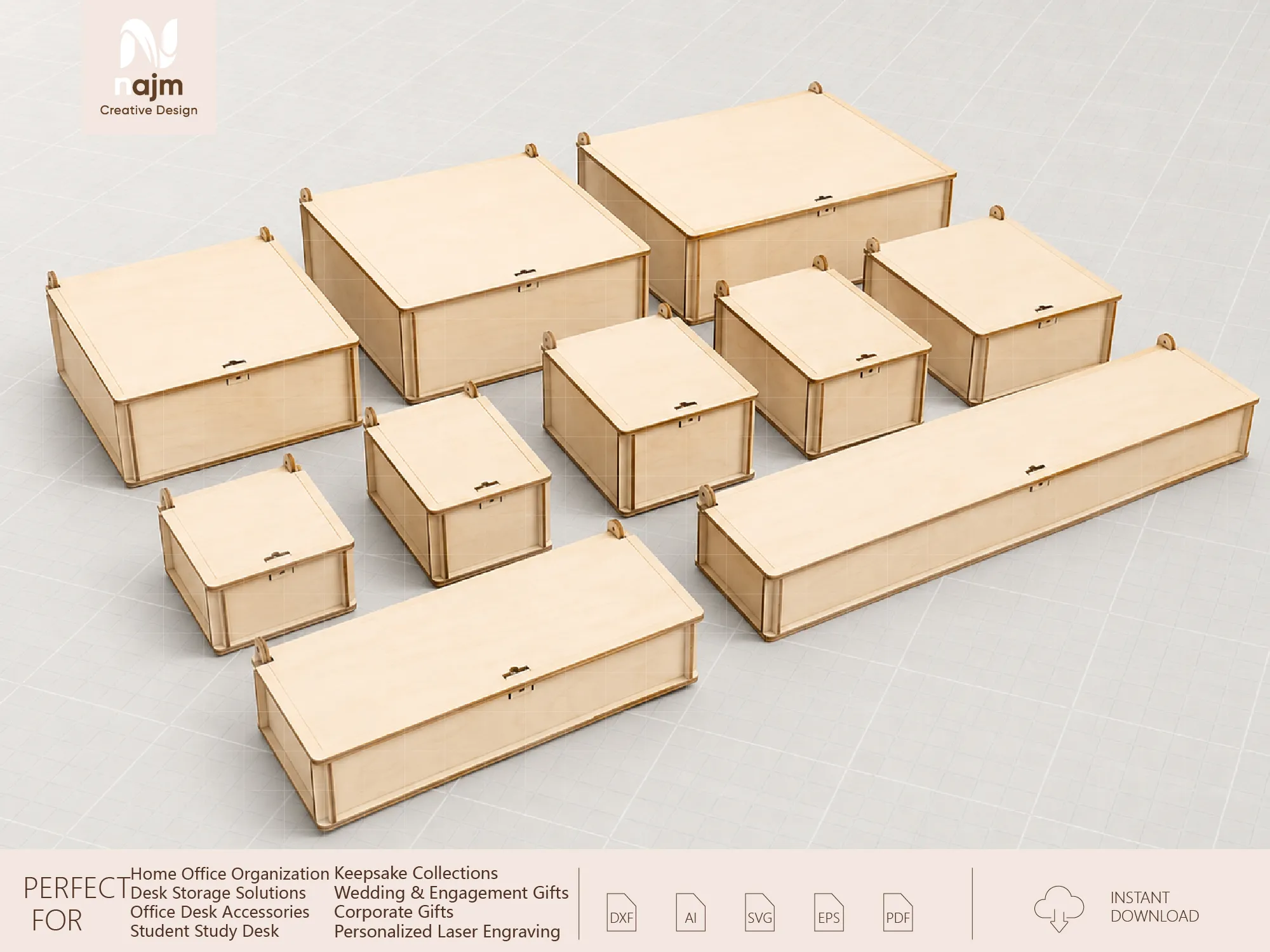 Set of Wooden Storage Boxes with Hinged Lids in Various Sizes