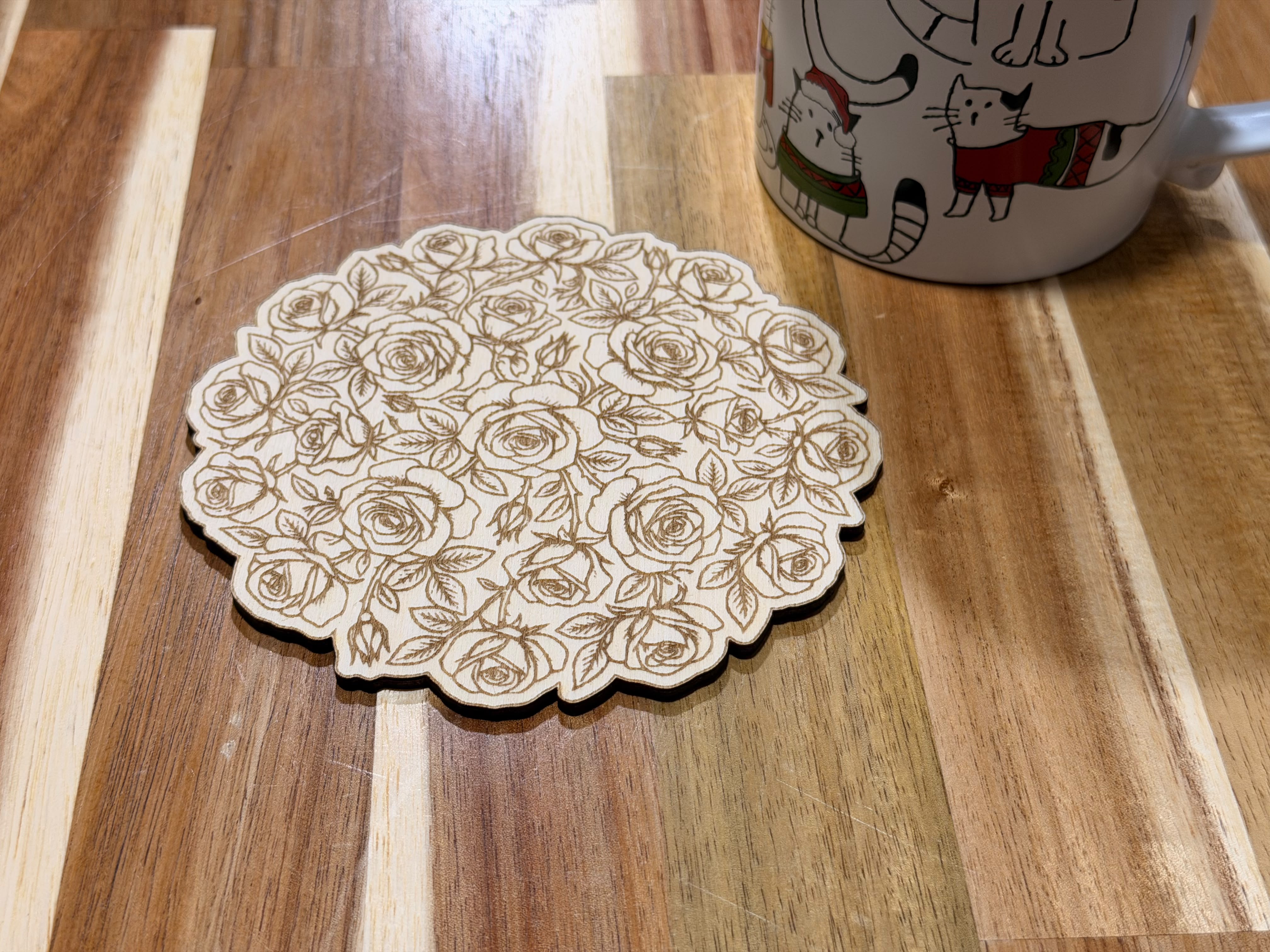 [Laser cut and engrave] Round wooden coaster with intricate rose floral pattern