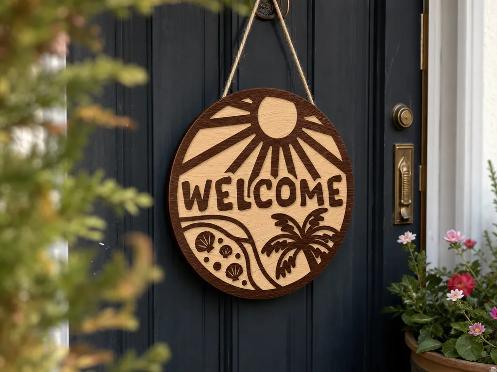 Round Tropical Beach Welcome Sign with Palm Tree and Sun Motif