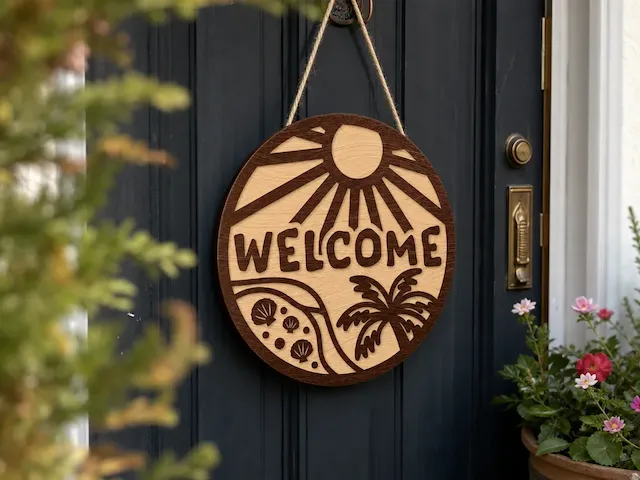 Round Tropical Beach Welcome Sign with Palm Tree and Sun Motif