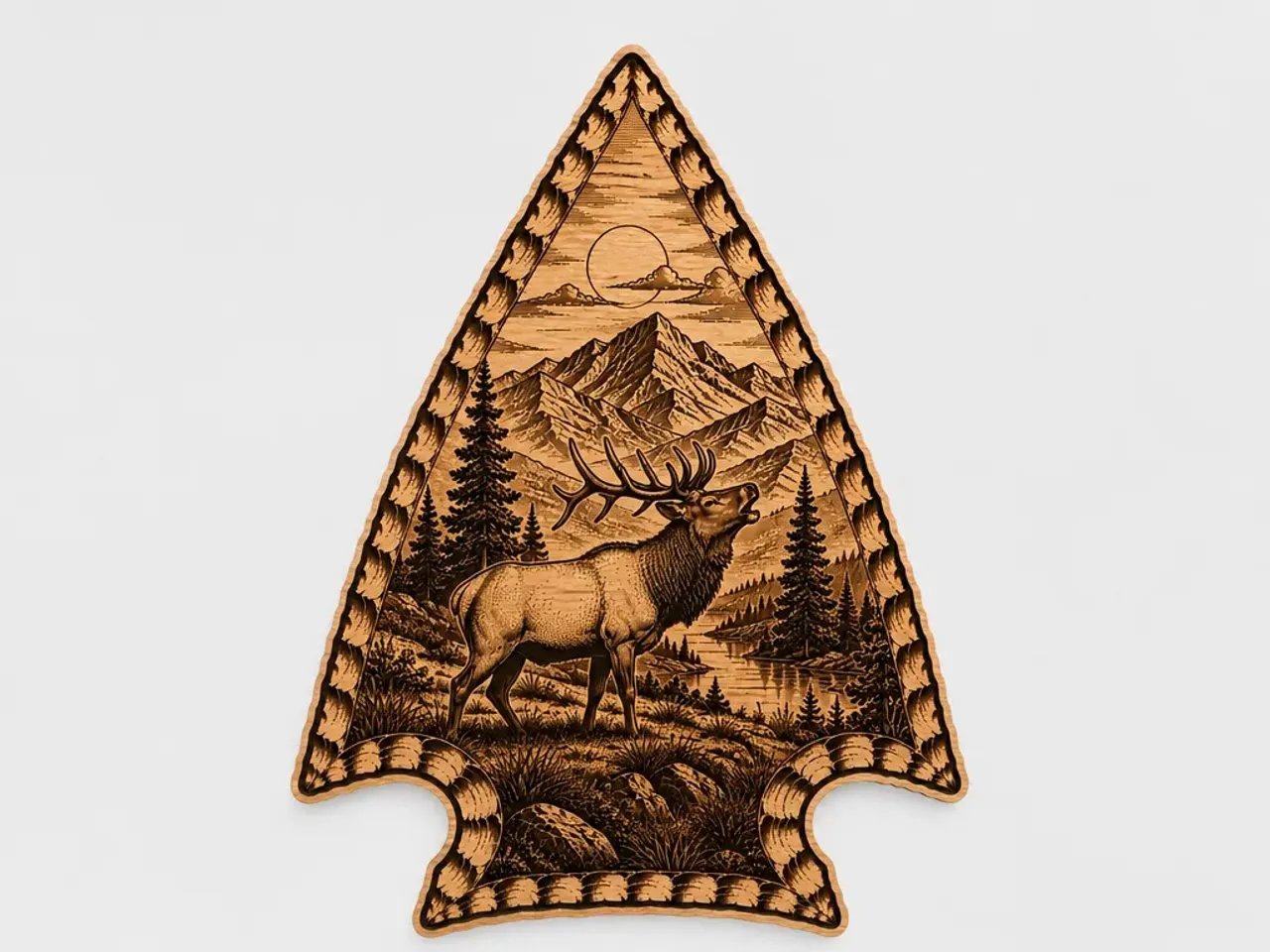 [Laser cut and engrave] Arrowhead Wall Hanging Featuring Elk in Mountain Landscape