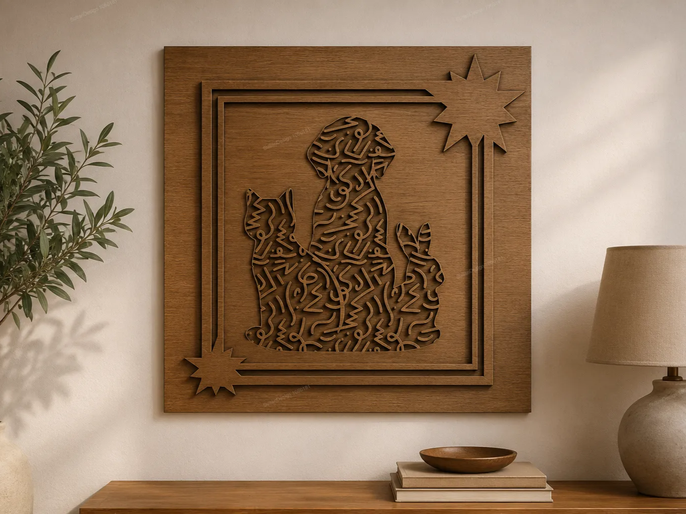 Wooden Wall Art Featuring Arabic Calligraphy Dog Cat and Rabbit Silhouettes
