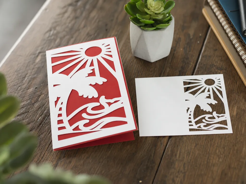 Tropical beach scene greeting card with palm tree and sun motif