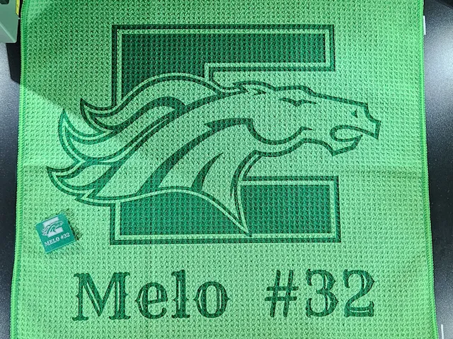Green Waffle Weave Towel Featuring Horse Mascot and Personalized Name and Number