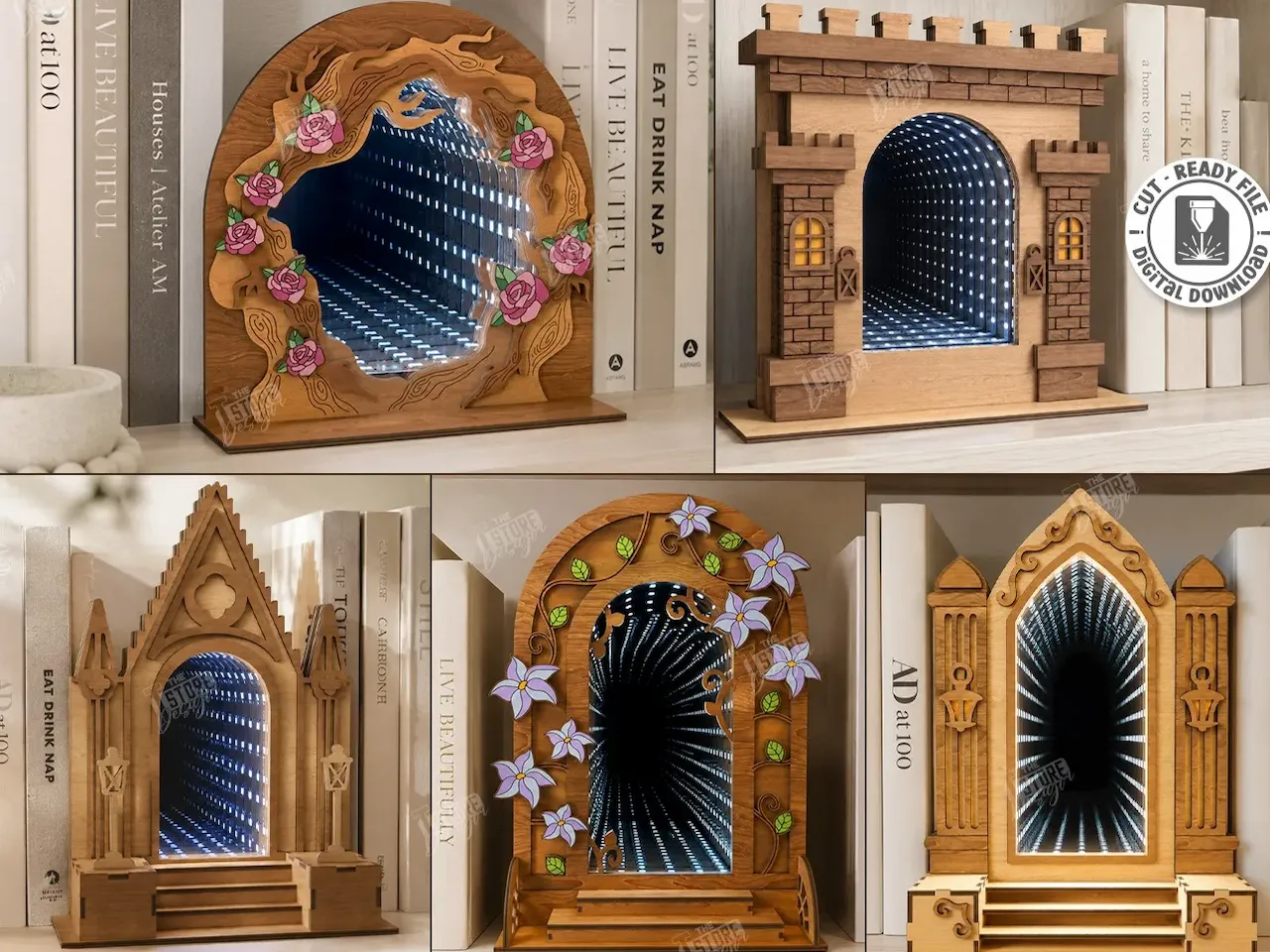 [Laser cut and engrave] Decorative Infinity Mirror Book Nook with Architectural and Floral Motifs Laser Cut Bundle
