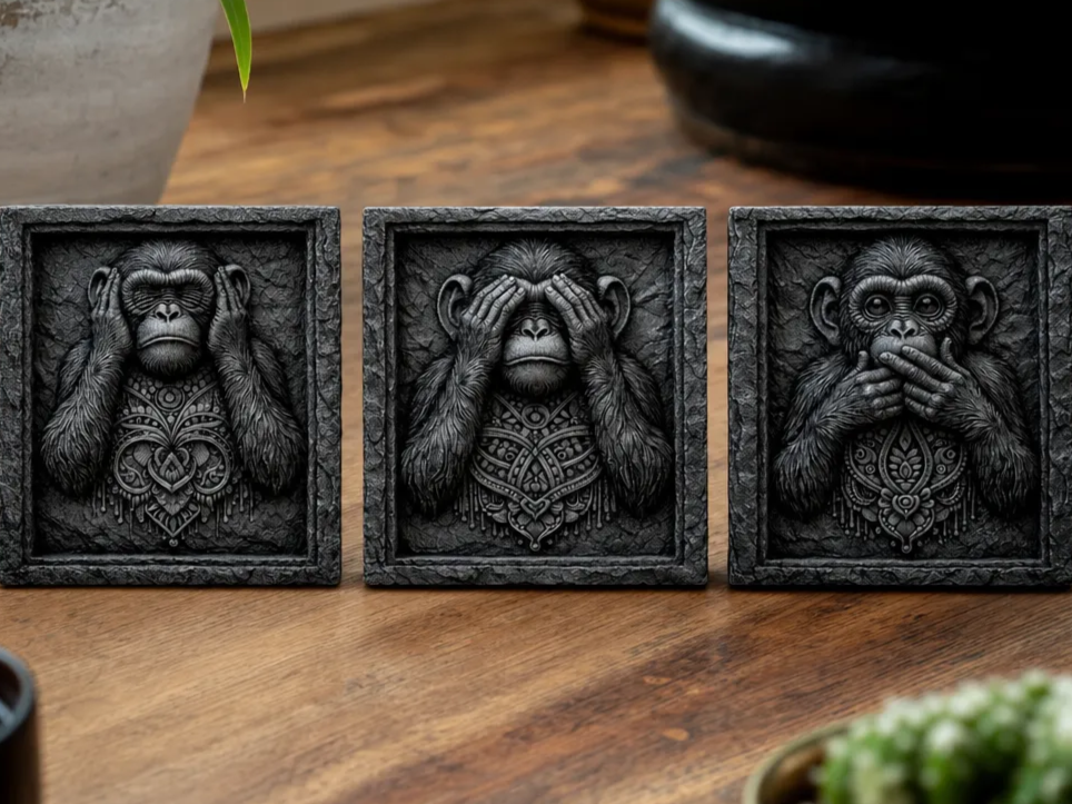 Ensemble de trois gravures sur ardoise représentant les trois singes de la sagesse