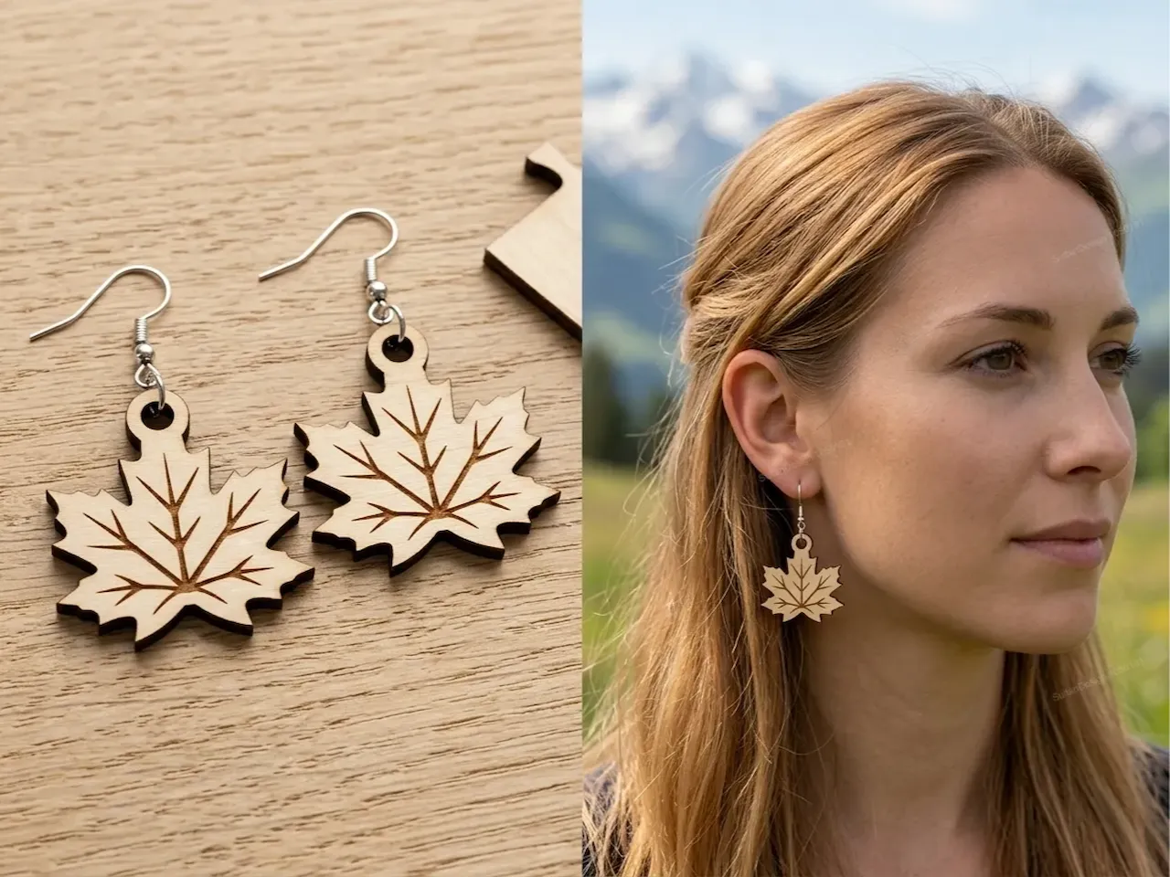 [Laser cut and engrave] Maple Leaf Wooden Dangle Earrings