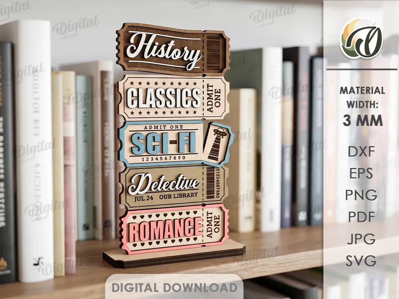 [Laser cut and engrave] Book Genre Ticket Stack Shelf Decor for Library Organization