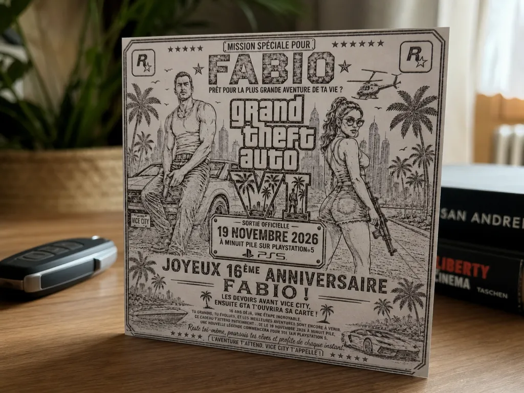 Carte d'anniversaire personnalisée sur le thème du jeu vidéo Grand Theft Auto