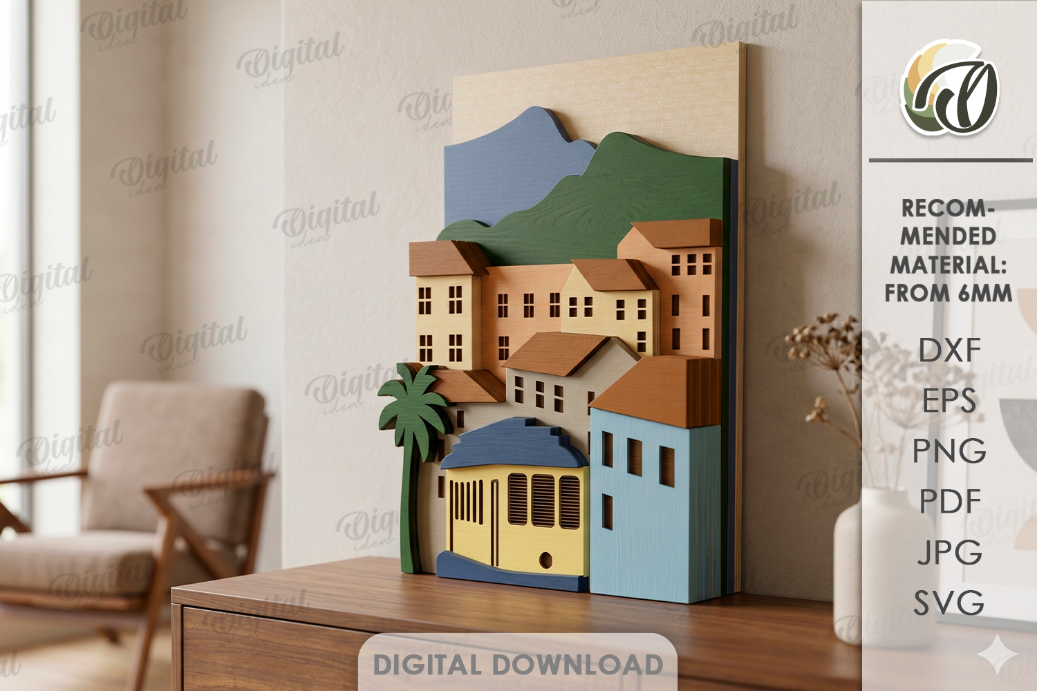 [Laser cut and engrave] 3D Layered Cityscape Decors Bundle. Coastal Village Wall Art Lasercut Files. Mediterranean Urban Shelf sitter. Tropical Architecture. Summer