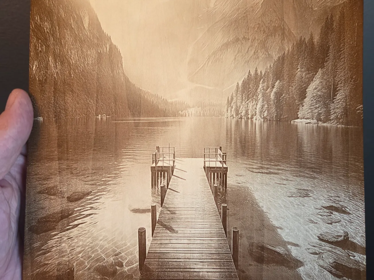 Wooden Wall Art Featuring a Serene Mountain Lake and Pier Landscape