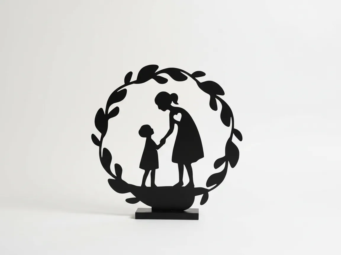 Figura de mesa con silueta de madre e hijo en corona de hojas