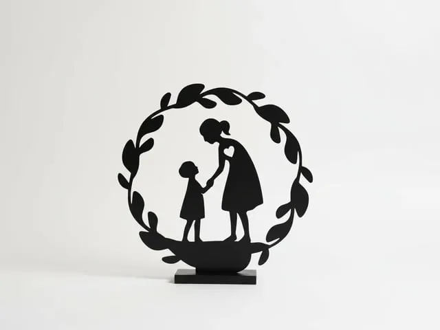 Figura de mesa con silueta de madre e hijo en corona de hojas