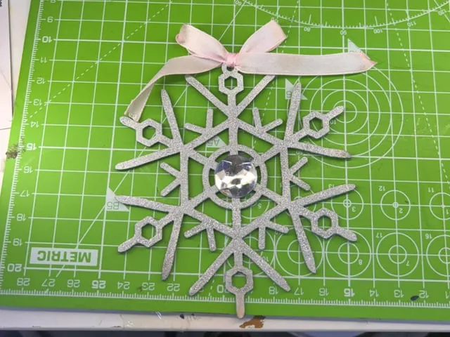 Silver Glitter Snowflake Christmas Ornament with Center Gemstone