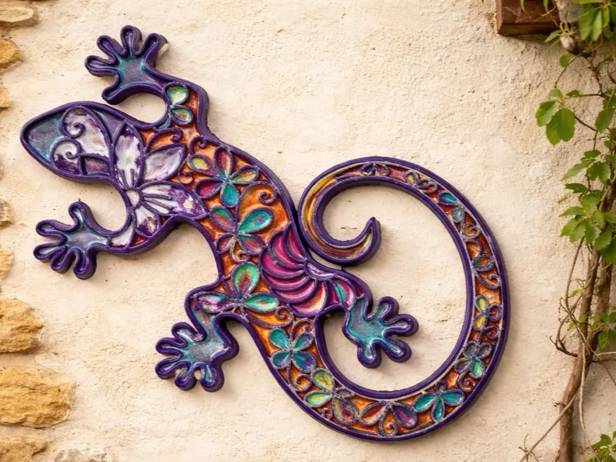 Colorful Gecko Wall Hanging with Floral Pattern