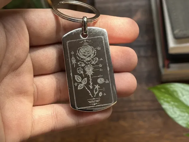 Silver Dog Tag Keychain Featuring Botanical Anatomy of a Rose Illustration