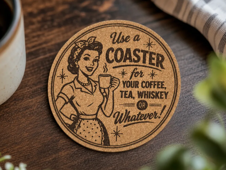 Round Cork Coaster with Retro 1950's Housewife Illustration and Humorous Quote