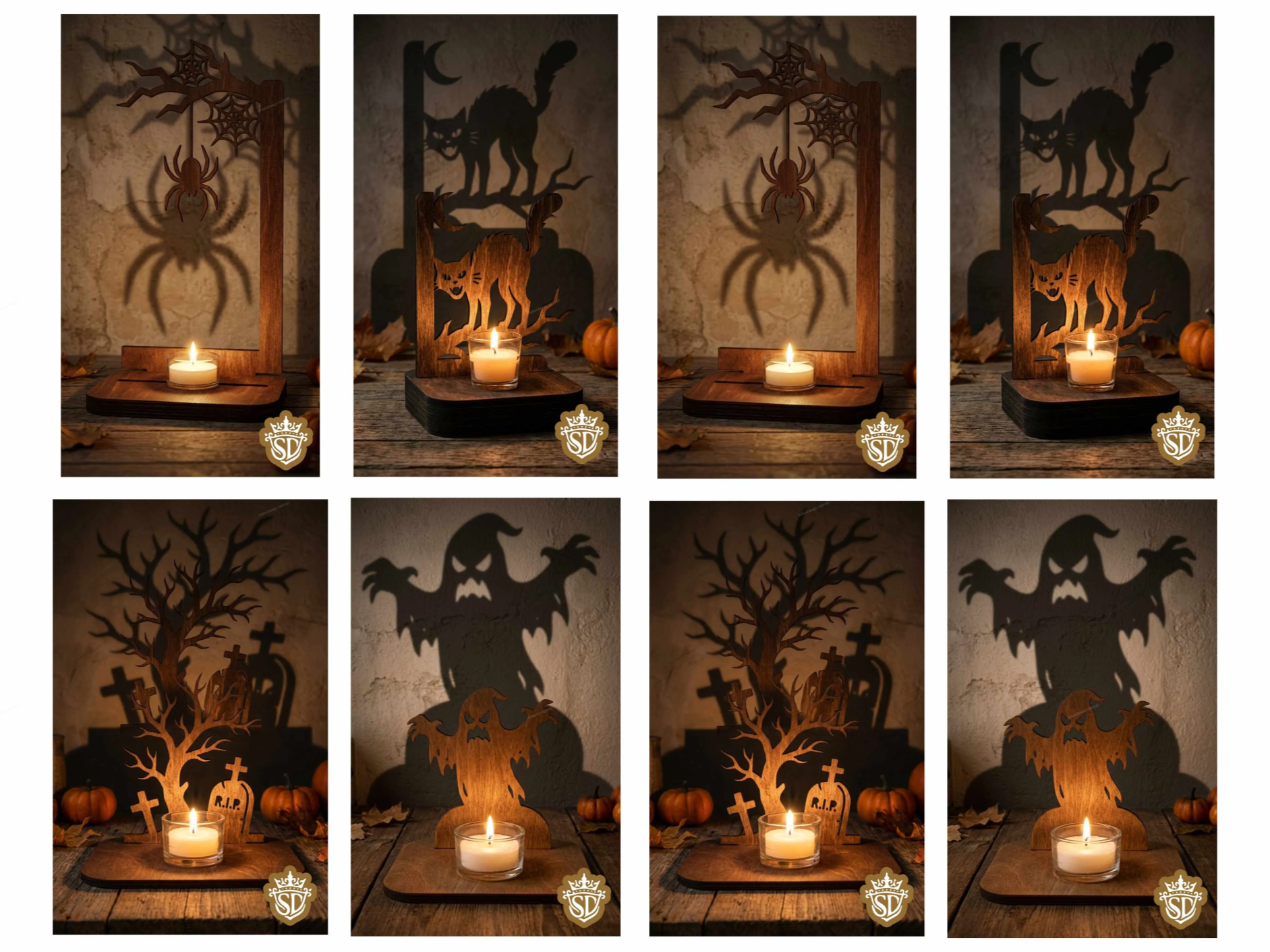 Halloween shadow casting candle holder with spooky spider cat and ghost silhouettes