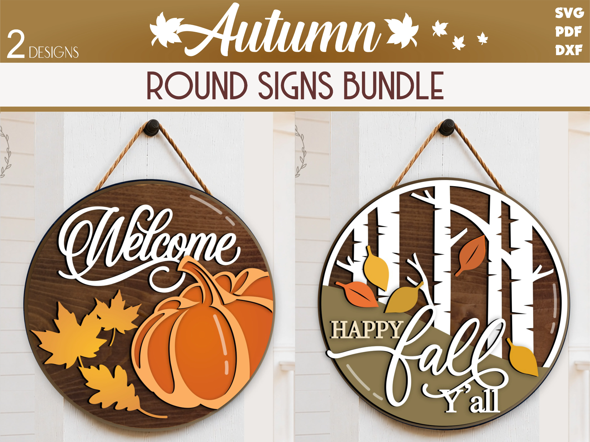 Fall Round wood Sign SVG Bundle, Pumpkin Welcome Sign, Happy Fall Y'all Door Hanger, Autumn Birch Forest Sign, Glowforge, CNC File, Xtool File