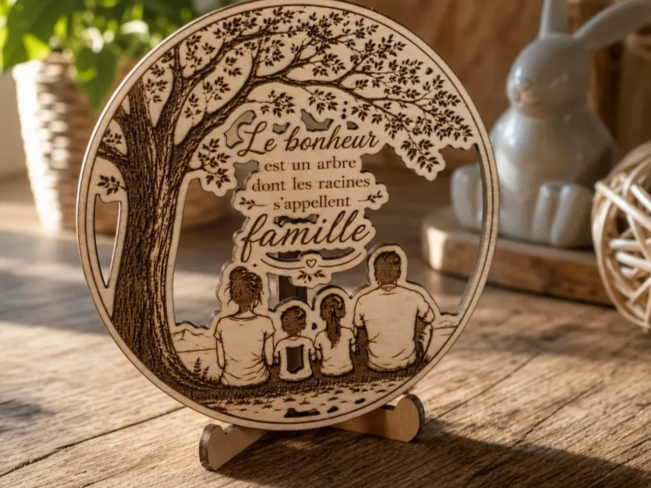 [Laser cut and engrave] Ornement circulaire en bois avec citation sur la famille et arbre généalogique