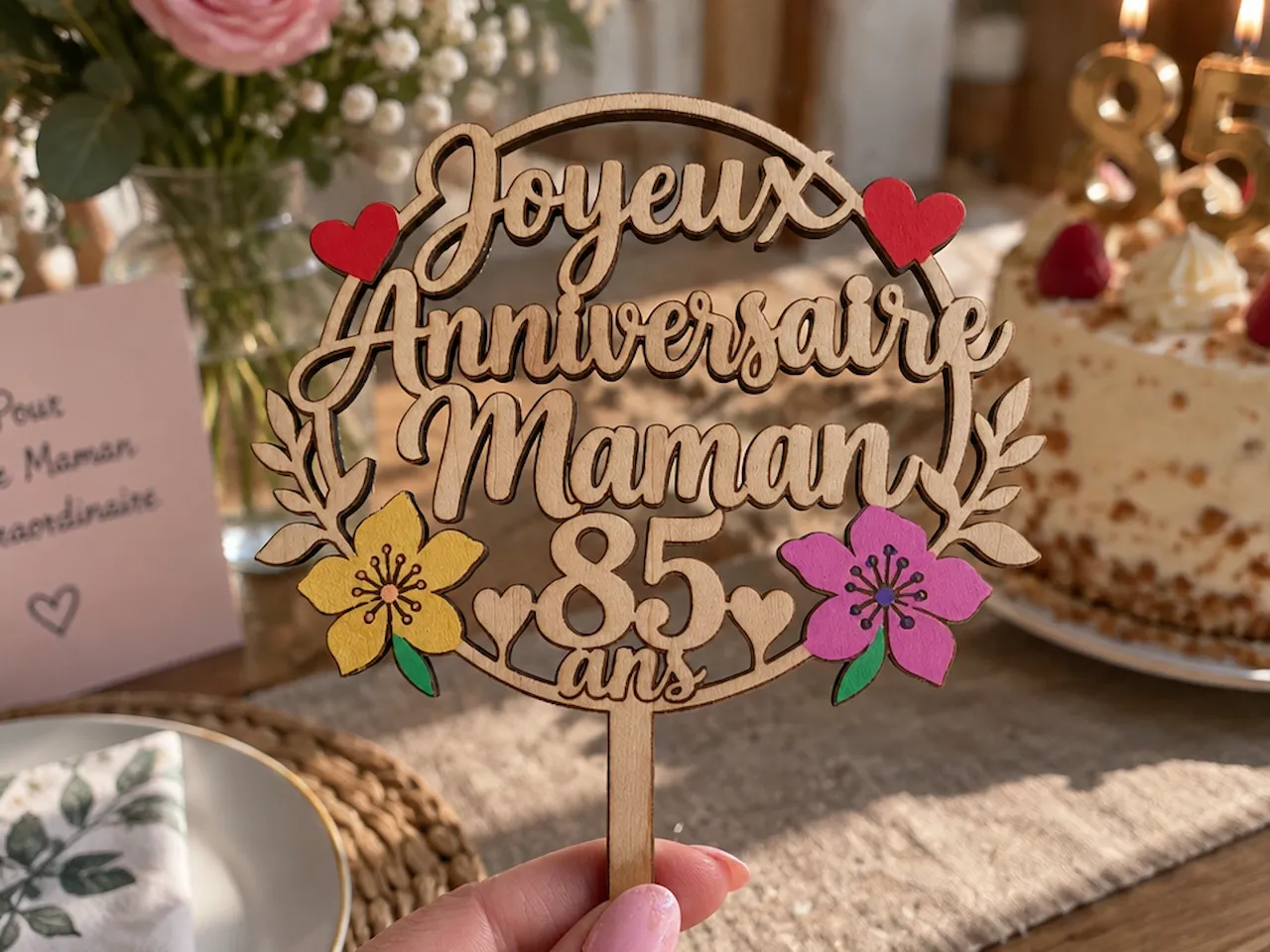 [Laser cut and engrave] Cake topper Joyeux Anniversaire Maman 85 ans avec fleurs