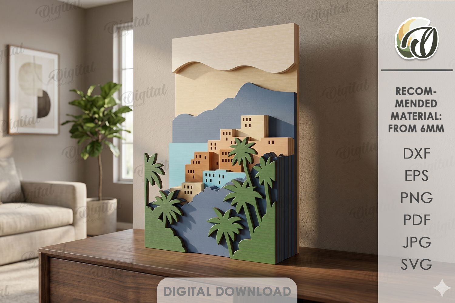 [Laser cut and engrave] 3D Layered Cityscape Decors Bundle. Coastal Village Wall Art Lasercut Files. Mediterranean Urban Shelf sitter. Tropical Architecture. Summer