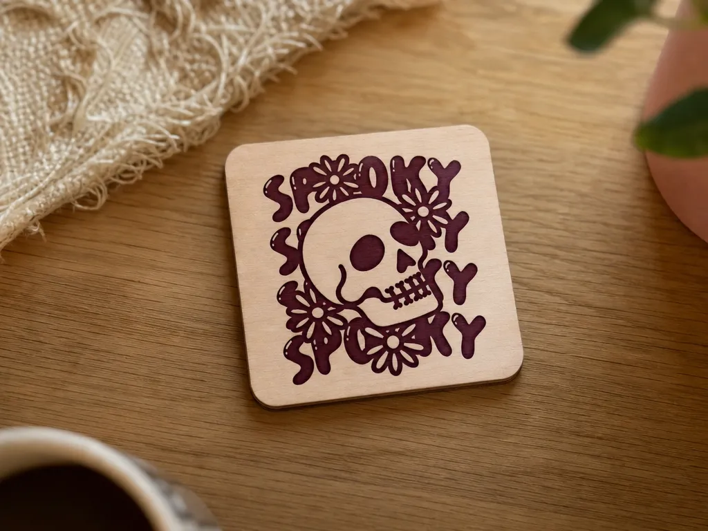 Spooky Skull and Flower Square Drink Coaster