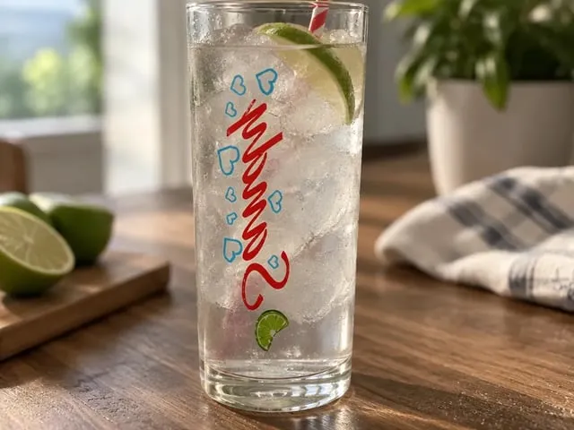 Mama glass tumbler with heart accents and lime garnish