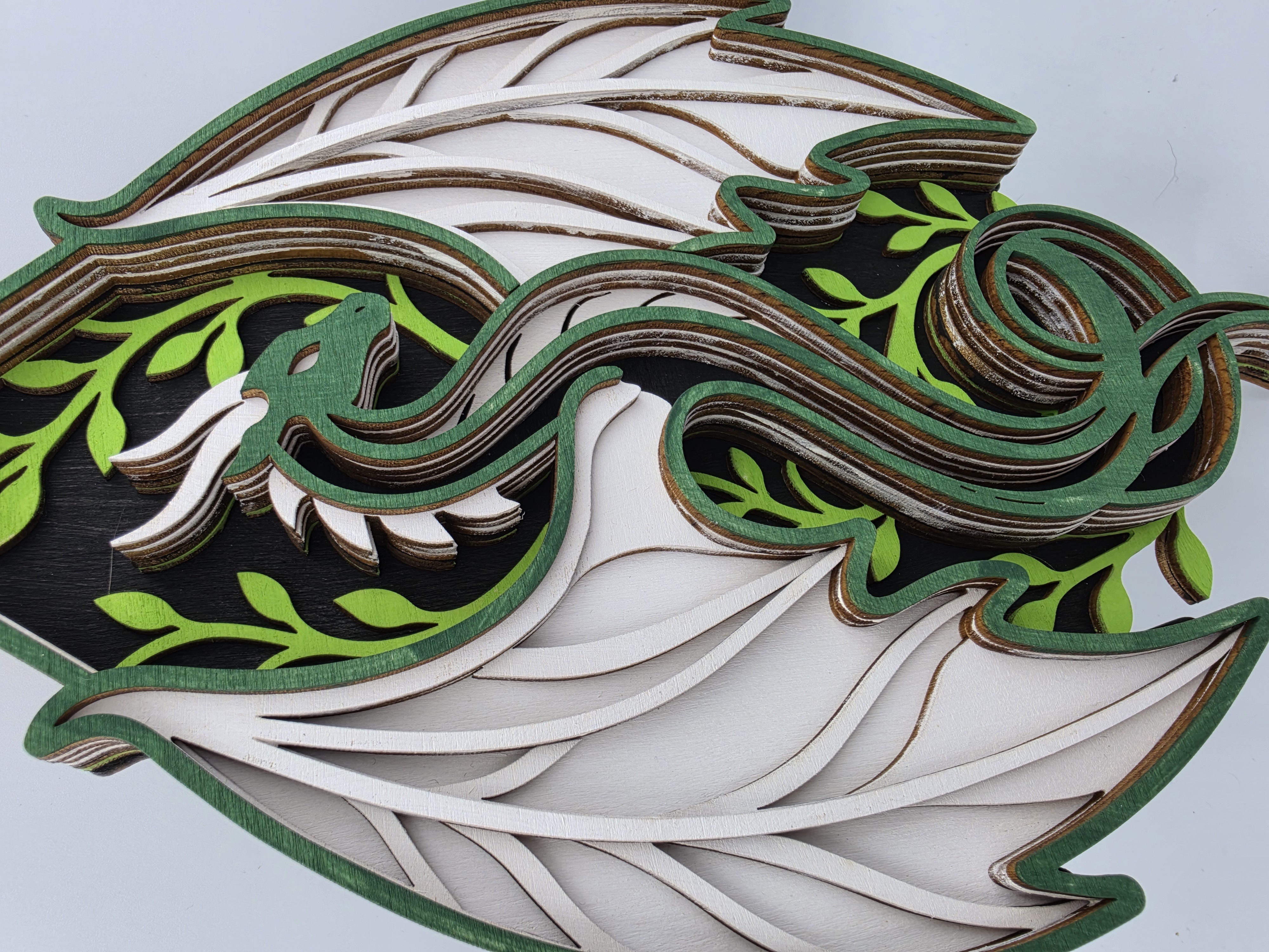 [Laser cut and engrave] Layered Green and White Dragon Wall Art with Leaf Motif