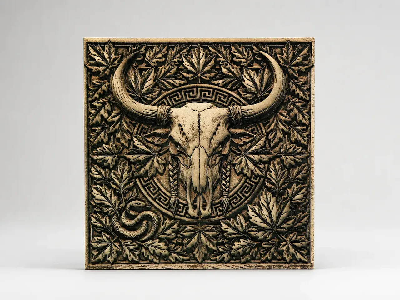 [Laser cut and engrave] Square Wall Plaque Featuring Bull Skull and Maple Leaf Relief