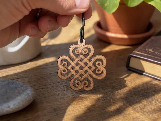 Keltischer Knoten Anhänger mit Kleeblatt Motiv aus Holz