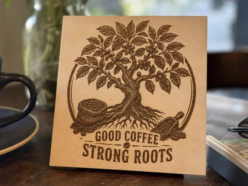 Good Coffee Strong Roots Wooden Sign with Coffee Tree Illustration