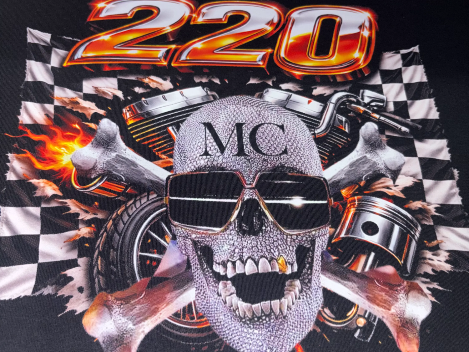 220 MC Biker Graphic T-Shirt with Rhinestone Skull and Checkered Flag