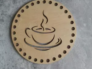 Round Wooden Basket Base with Coffee Cup Motif
