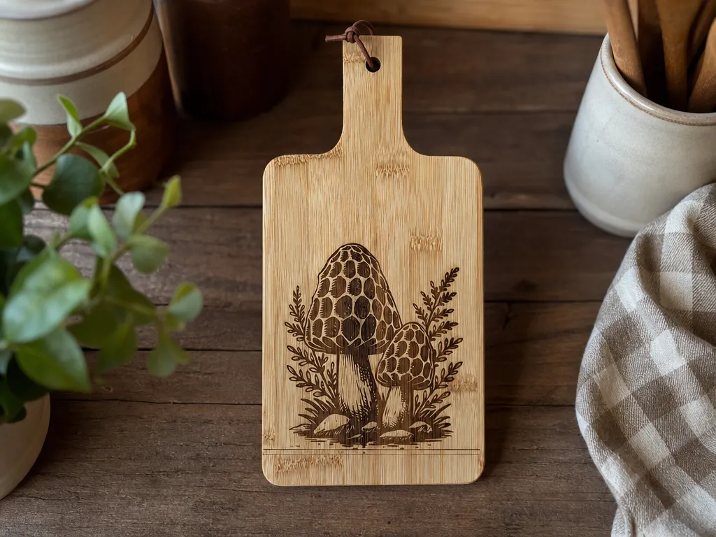 Bamboo Serving Board with Mushroom Illustration