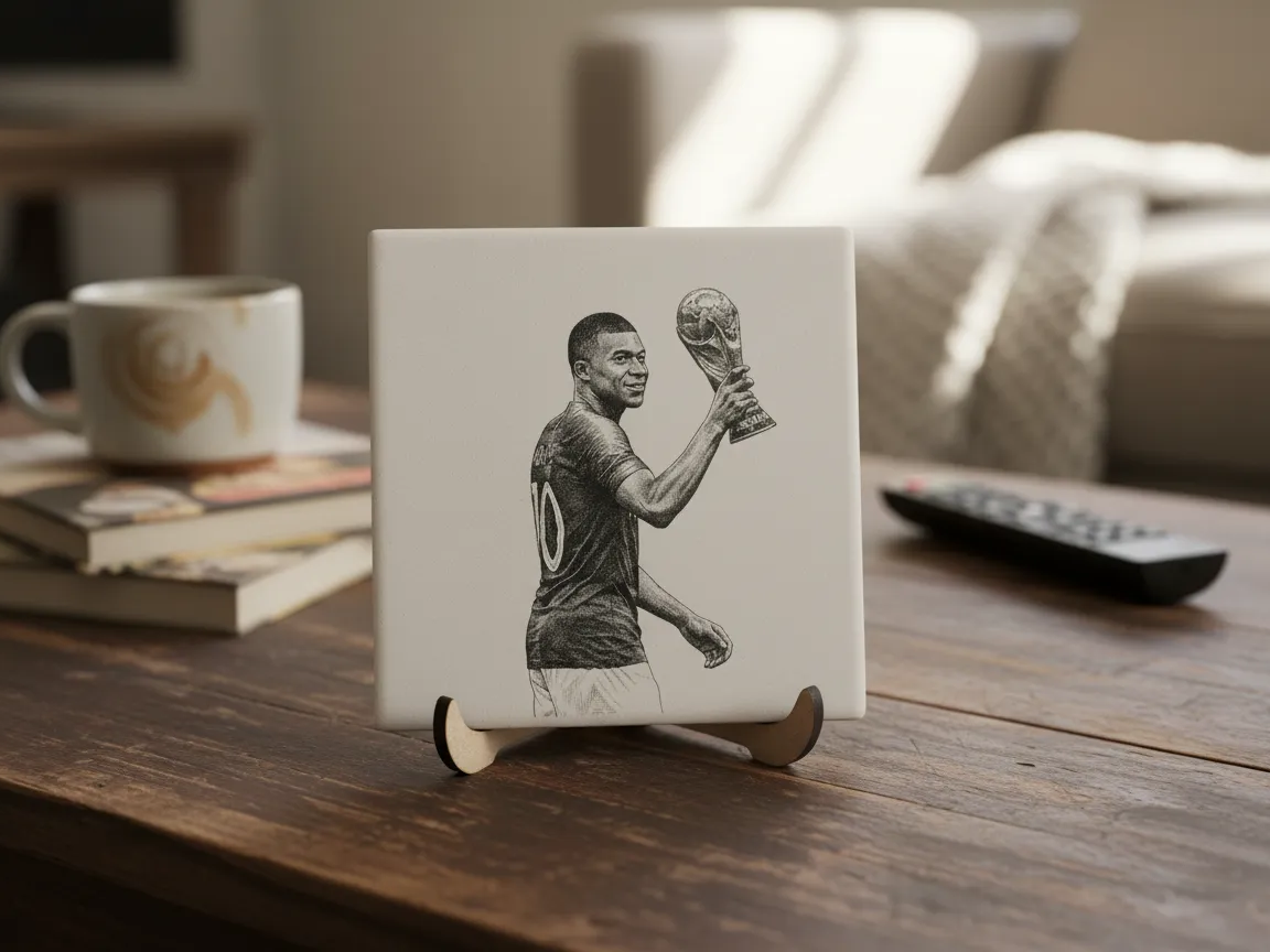 Kylian Mbappé holding Possibly? the World Cup Trophy 2026 Square Ceramic Tile