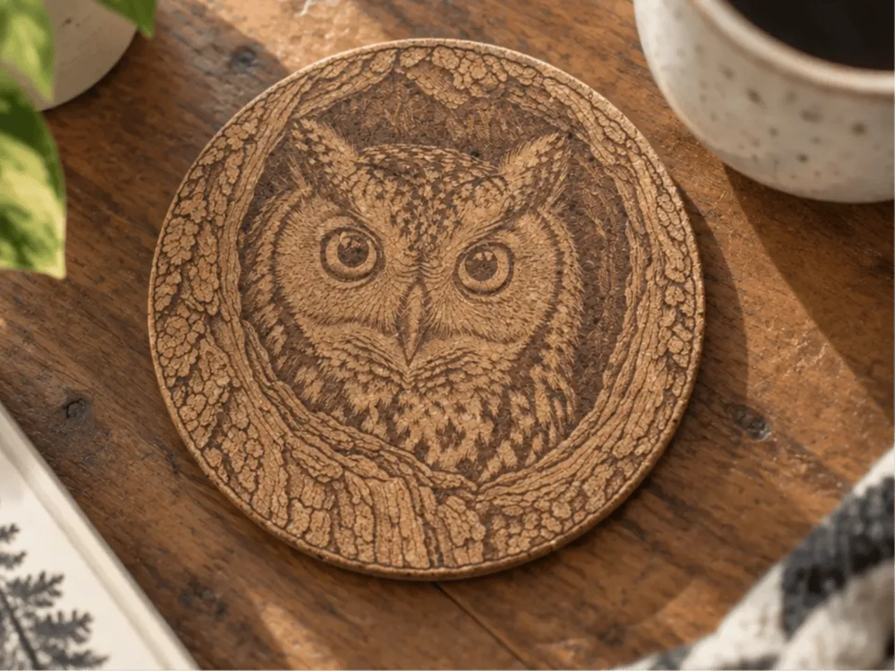 [Laser cut and engrave] Owl Cork Coaster