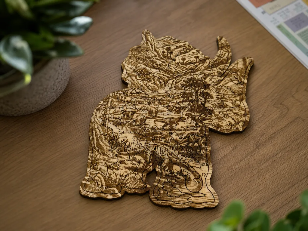 Puzzle en bois en forme de tricératops avec motif de dinosaures